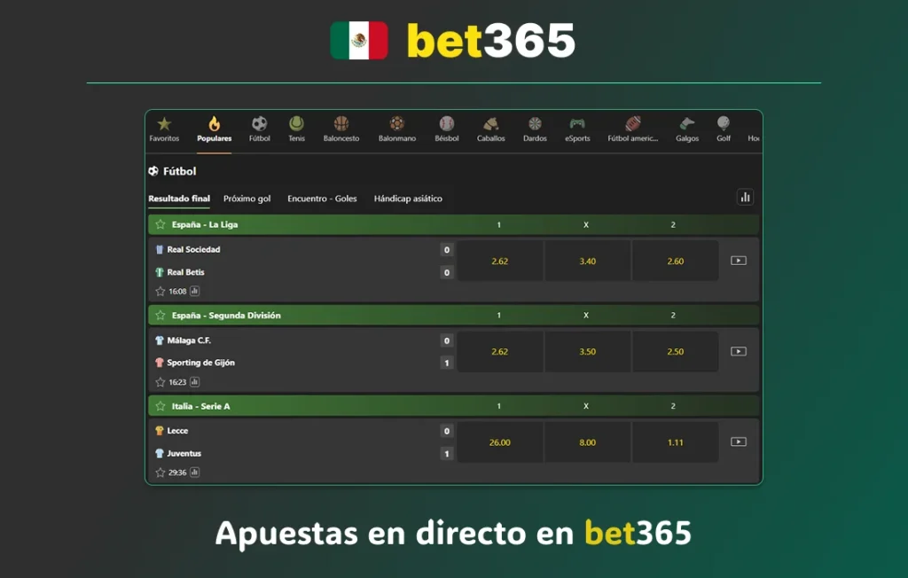 Sección de apuestas en directo en bet365 México