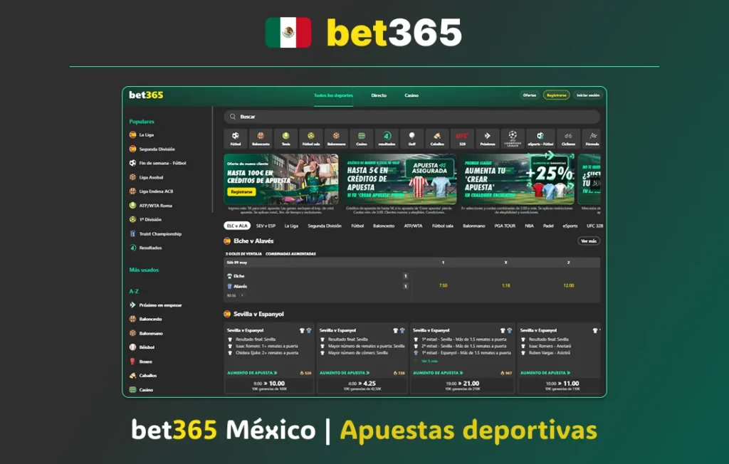 Plataforma de bet365 México con mercados de apuestas deportivas
