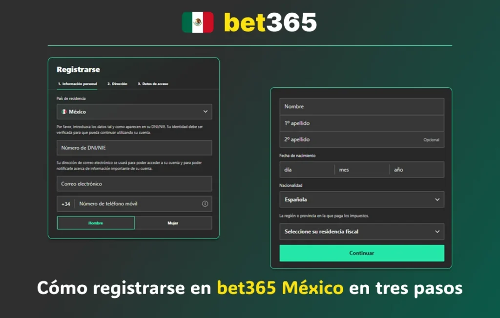 Formulario de registro en bet365 México en tres pasos